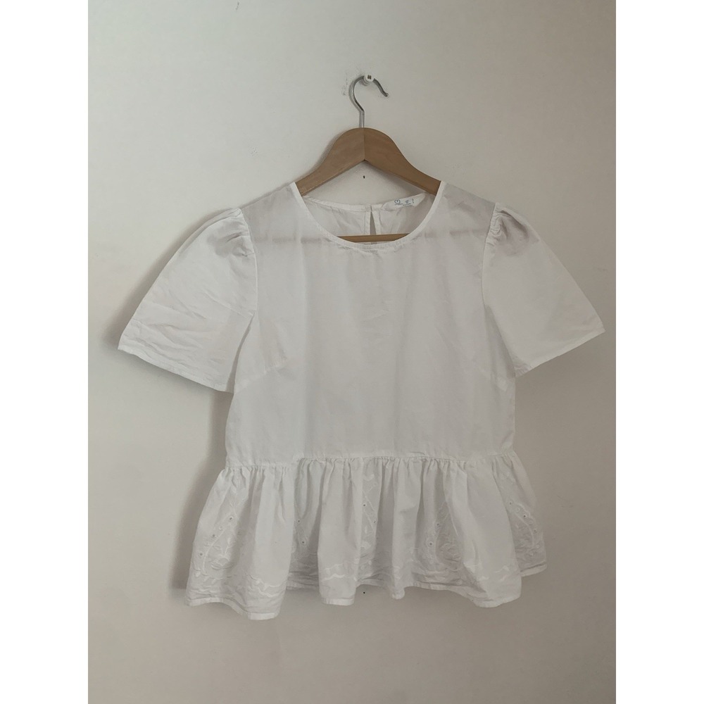 Primark Cares Top Sz 8 White Crew Neck 100% Cotton Peplum Embroidery Eyelet